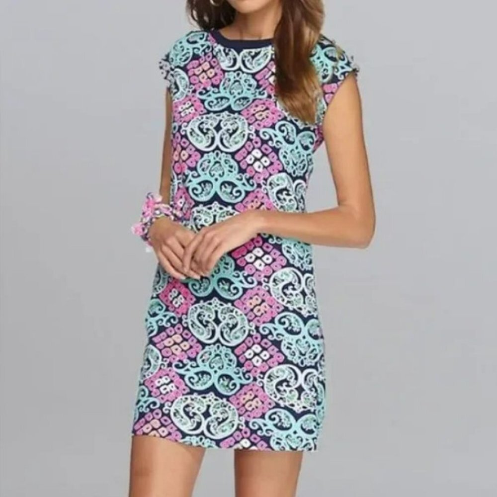 Lilly Pulitzer Robin Blue Pink Short Sleeve Behind The Gate Prima Cotton Size XS
